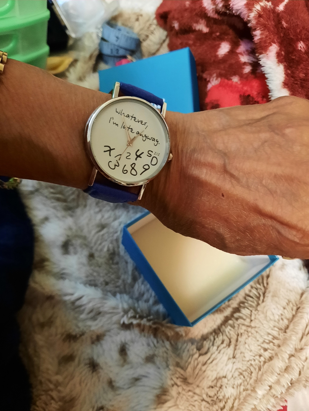 New Gift Boxed Comical Blue Strap  Watch Playful Dial Whatever I'm Late Anyway